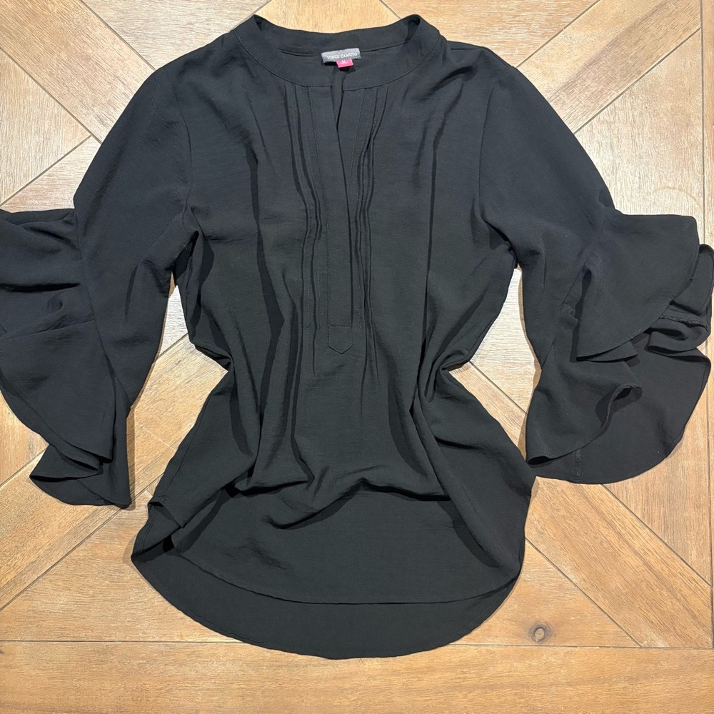 Vince Camuto Women's Split Button Neck Ruffle 3/4 Sleeve Black Blouse Size M - Picture 2 of 7